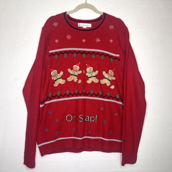 Jolly Sweaters Red Christmas Knit Sweater Gingerbread Oh Snap size xl - Picture 1 of 5